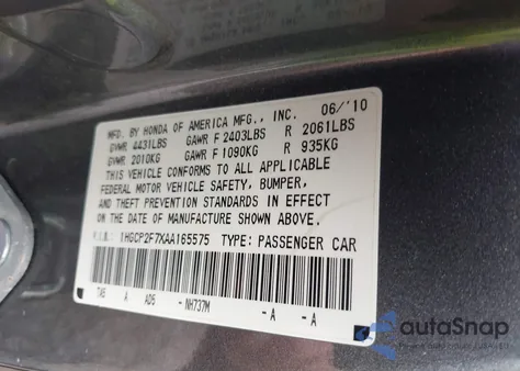 2010 Honda Accord 2.4 Ex from USA, damaged, VIN 1HGCP2F7XAA165575